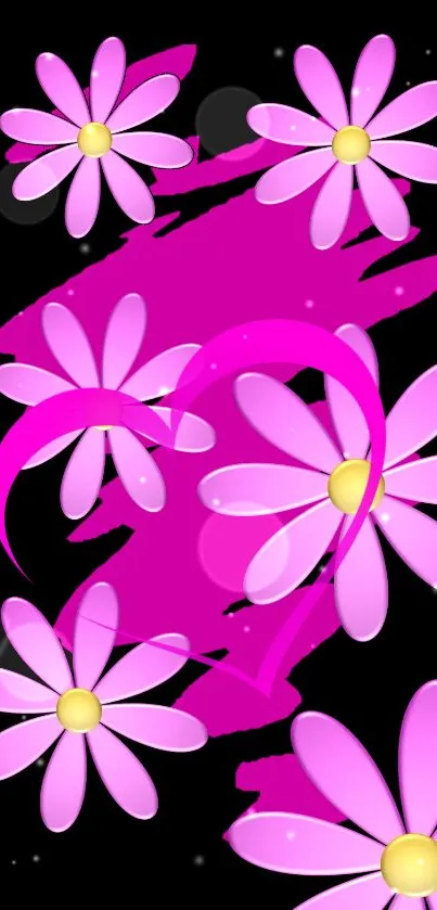 Pink floral phone wallpaper with daisies on a black background.