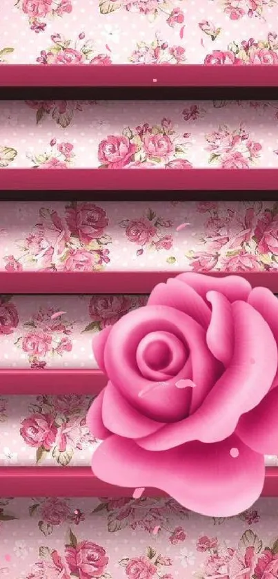 Pink floral wallpaper with rose design on shelves.