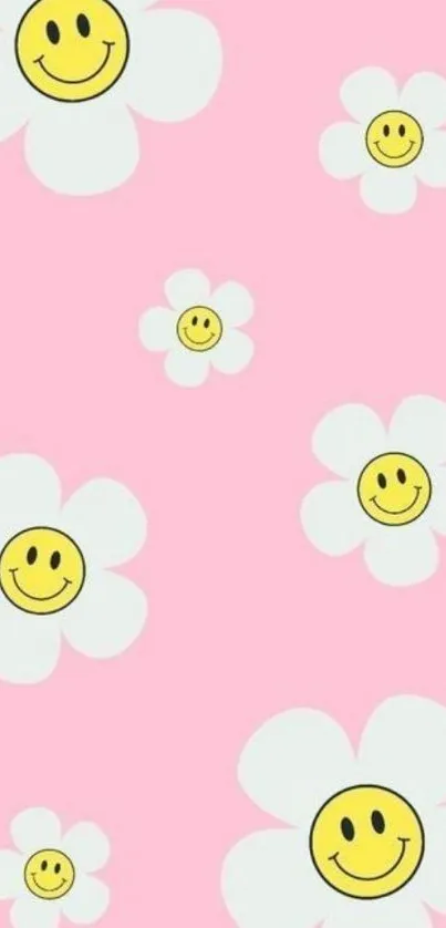 Pink wallpaper with white flowers and smiley faces.