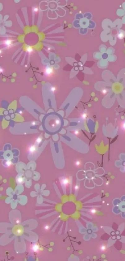 Whimsical pink floral wallpaper with sparkling design.