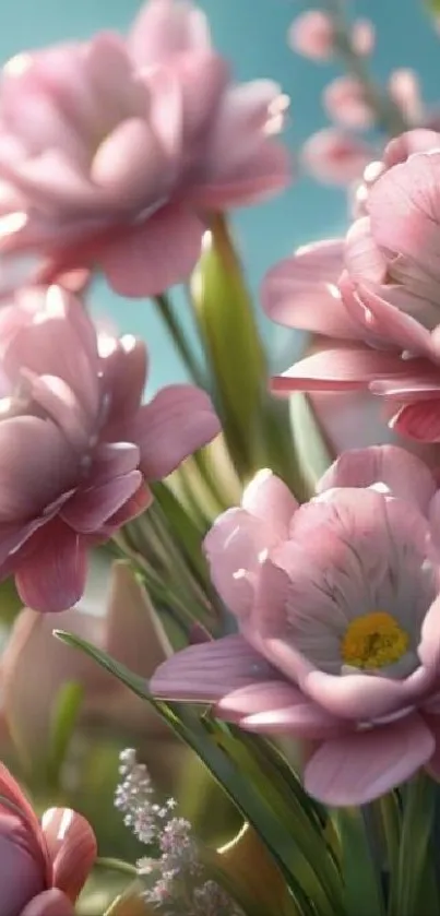 Pink flowers in bloom against a blue sky for a spring mobile wallpaper.