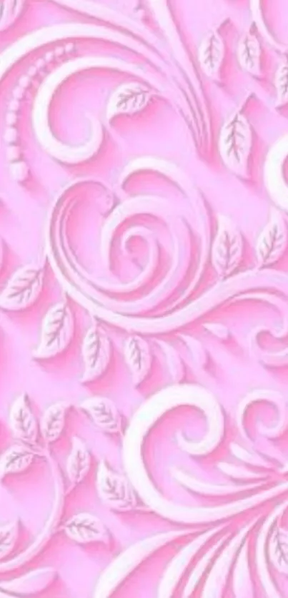 Pink floral swirl wallpaper with elegant leaf designs.