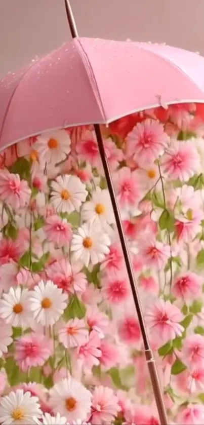 Pink umbrella with cascading pink and white flowers