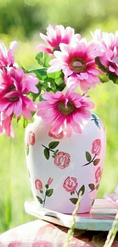 Pink daisies in decorative vase on grass background.