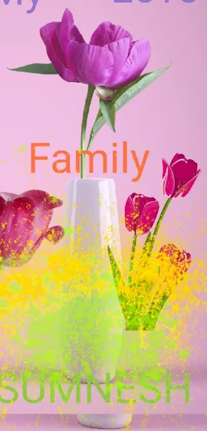 Pink background wallpaper with tulips in a white vase.