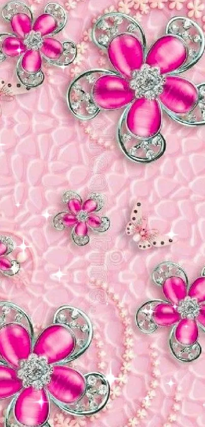 Elegant pink floral phone wallpaper with butterflies.