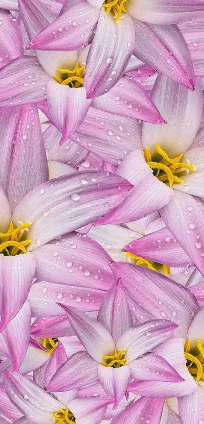 Pink flowers with water droplets on mobile wallpaper, showcasing nature's delicate beauty.