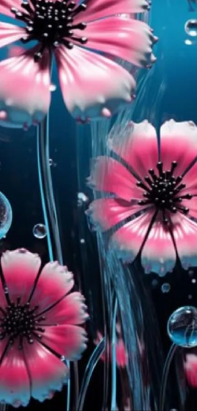 Pink flowers with water droplets on a deep blue background.