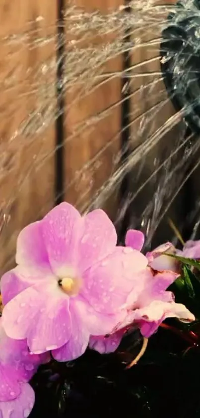 Pink flowers with water streaming in a serene garden setting.