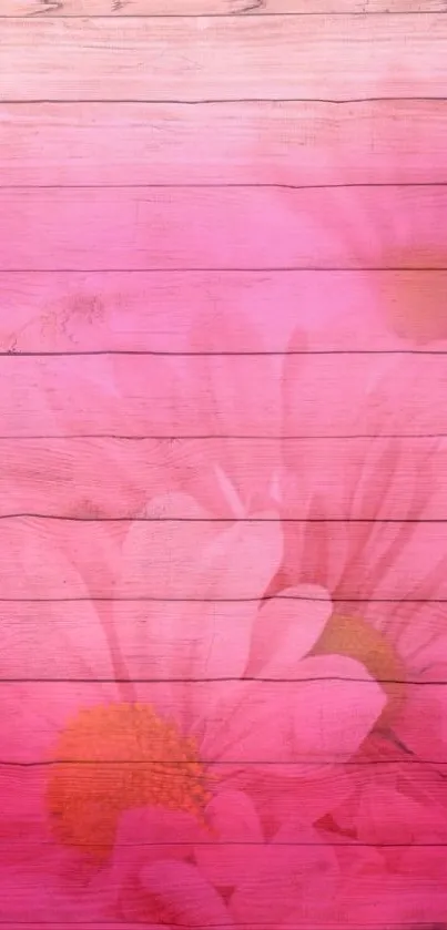 Pink wooden wallpaper with daisies.