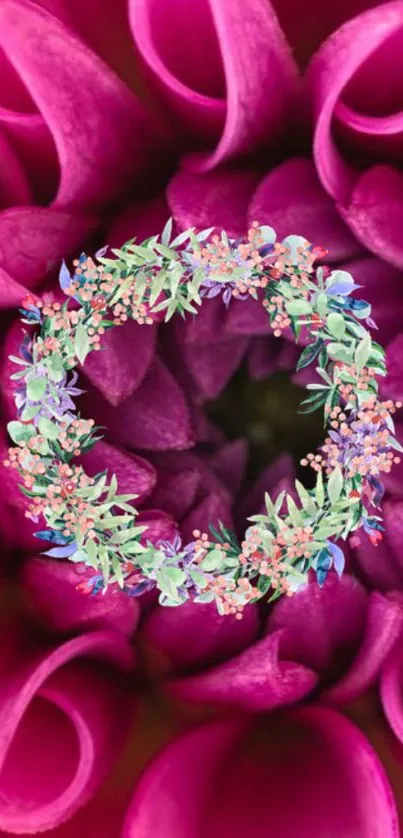 Pink dahlia with floral wreath in the center.