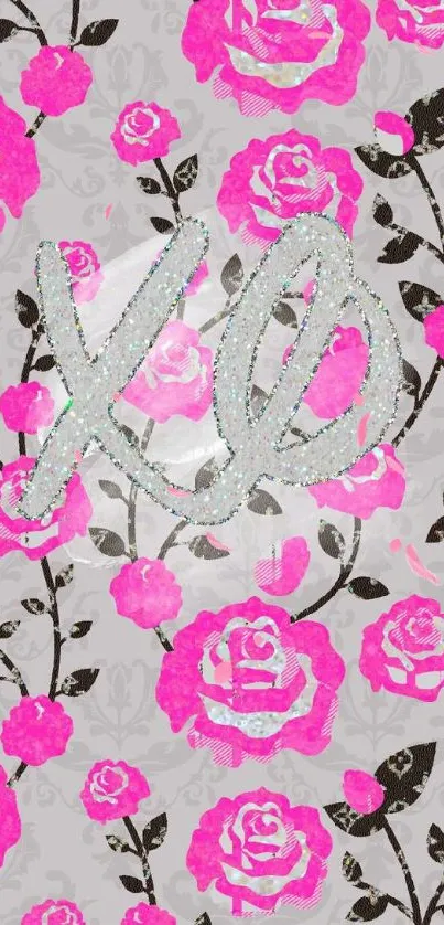 Pink floral XO wallpaper with roses.