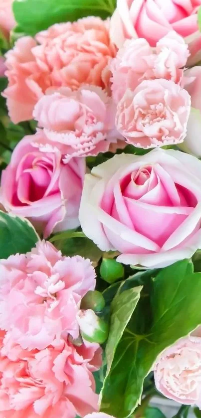 Close-up of pink roses and carnations in a bouquet.