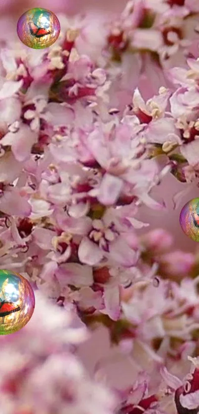 Pink flowers with vibrant colorful spheres in a fantasy design.