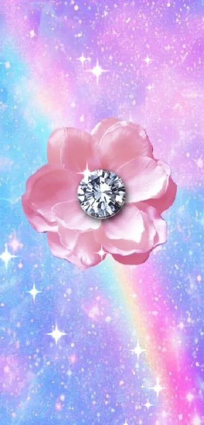 Pink flower galaxy wallpaper with a diamond center and rainbow backdrop.