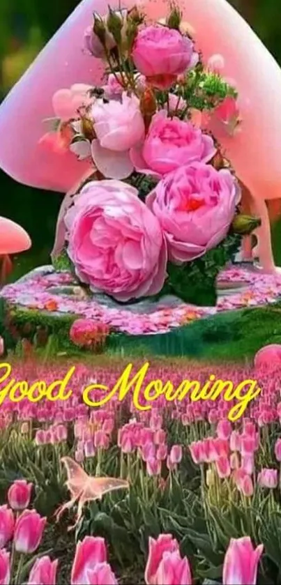 Pink floral morning wallpaper with greeting message.