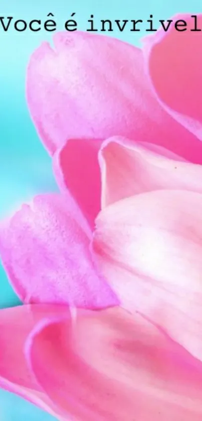 Pink flower with motivational text on blue background.