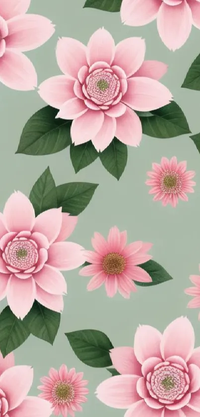 Elegant pink flower pattern on a green background wallpaper.