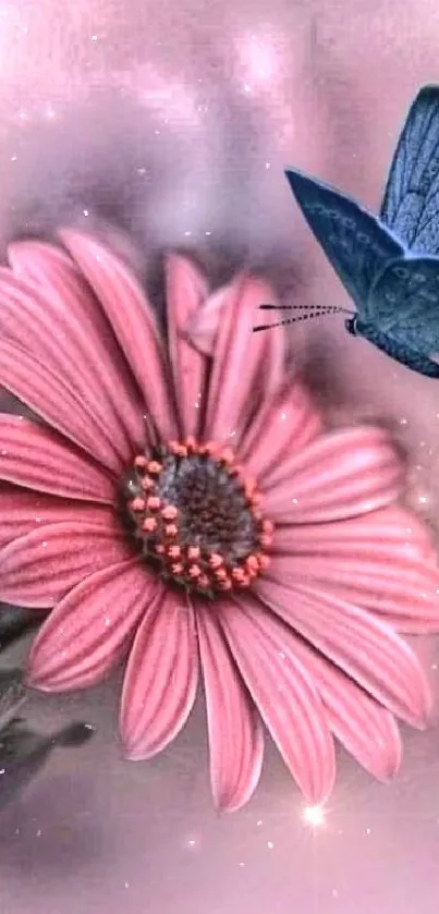 Pink flower with a blue butterfly on a serene background.