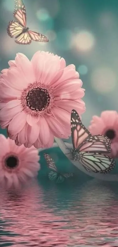 Mobile wallpaper with pink flowers and butterflies over water.