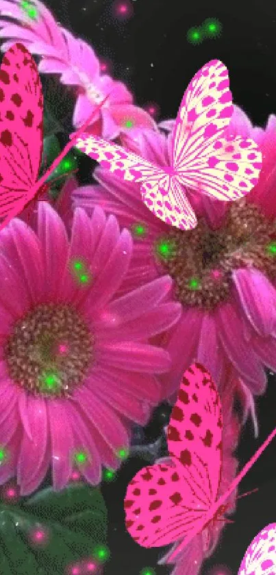 Pink flowers with vibrant butterflies on a black background.