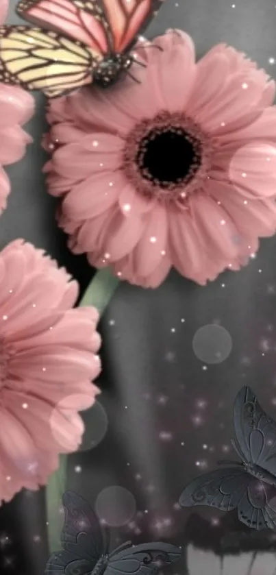 Pink flowers and butterflies on gray background.