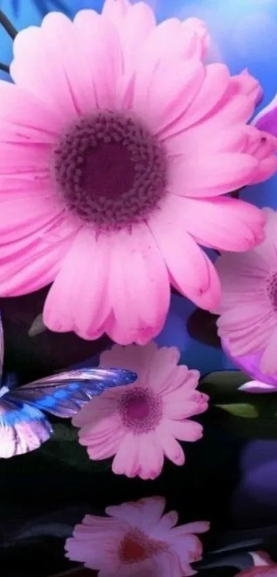 Pink flowers and butterflies mobile wallpaper.