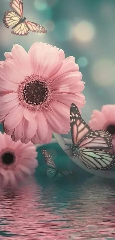 Pink flowers and butterflies on a teal background, creating serene digital art.