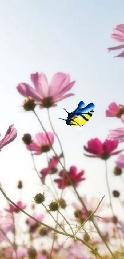 Pink flowers with a blue butterfly in a serene landscape.