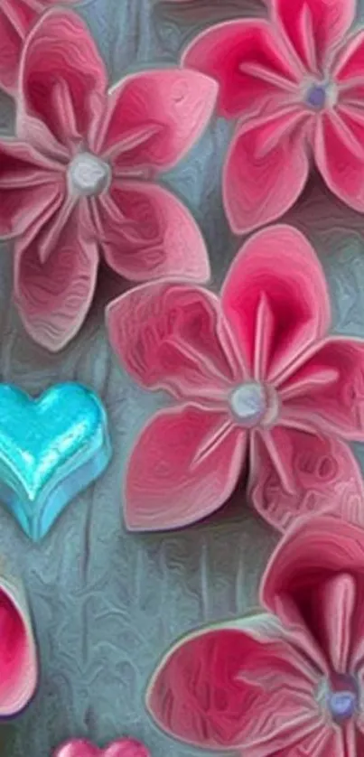 Pink flowers with blue heart mobile wallpaper.