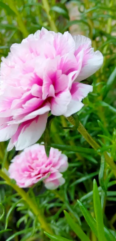 Delicate pink flowers amidst lush green foliage wallpaper