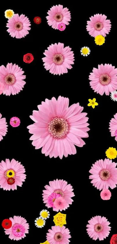 Pink flowers pattern on black wallpaper for mobile phone.