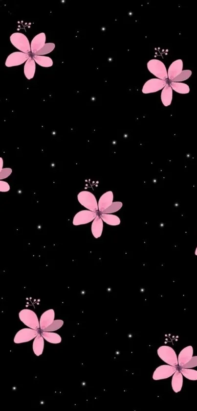 Pink flowers on a black starry background wallpaper.