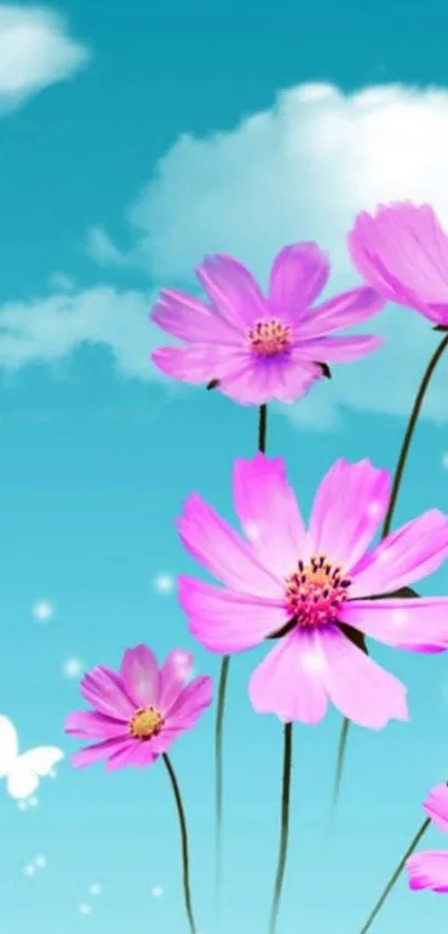 Pink flowers against a blue sky with clouds and butterfly.