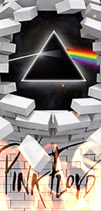 Pink Floyd 'The Wall' artwork with prism and rainbow on a brick wall.