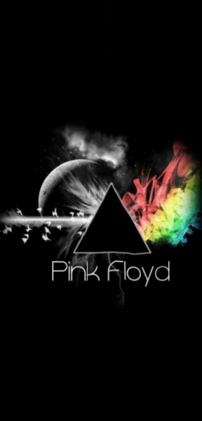 Pink Floyd prism artwork with vibrant colors on black background.