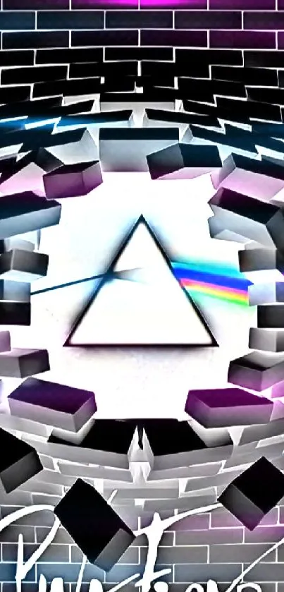 Pink Floyd prism art with bricks and rainbow effect on mobile wallpaper.