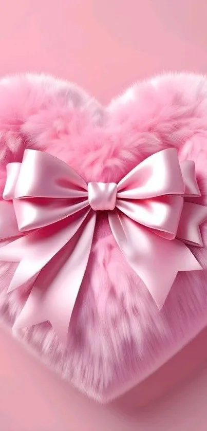 Fluffy pink heart with satin bow on a soft pastel background.