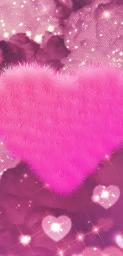 Fluffy pink heart on cloudy background wallpaper.