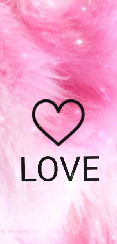 Pink fluffy wallpaper with heart and love text.