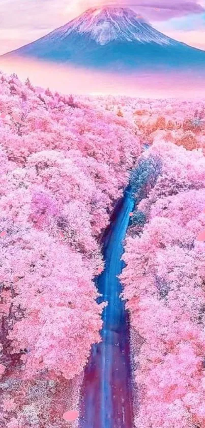 Beautiful pink forest with a scenic mountain in the background.