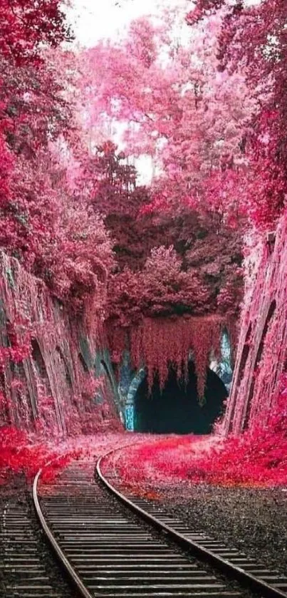 Magical pink forest with railway tracks and tunnel.