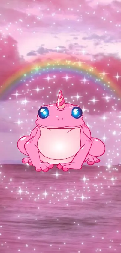 Pink frog unicorn with sparkling rainbow background.