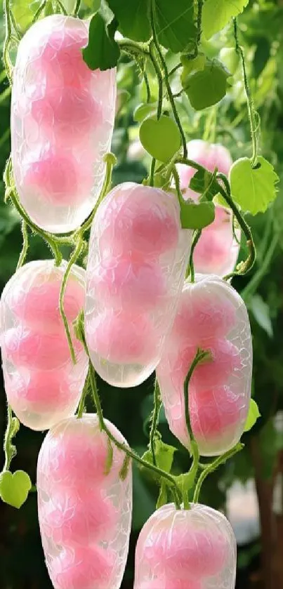 Hanging pink fruit vine with lush green leaves.