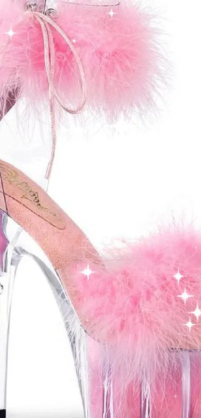 Glamorous pink furry high heel shoe with transparent platform.