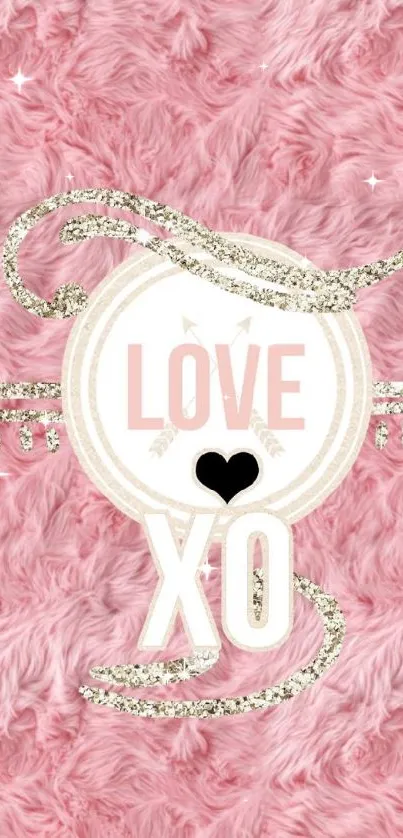 Pink furry wallpaper with LOVE XO design and glitter accents.