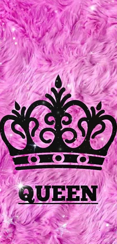 Pink furry wallpaper with black crown and sparkles.