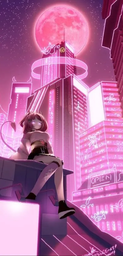 Anime cityscape with pink neon lights and a full moon.