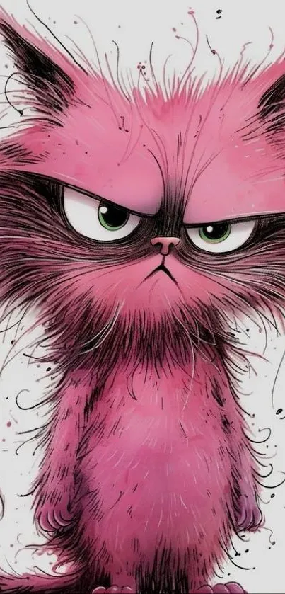 Vibrant pink cartoon cat with fuzzy fur in artistic style.