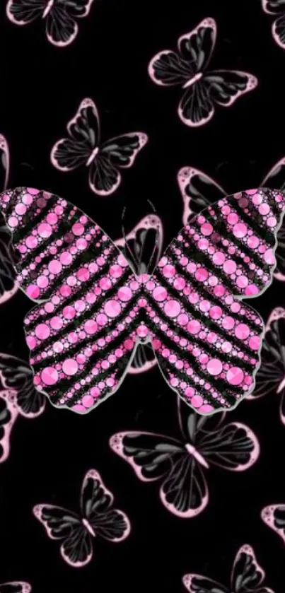 Pink gem butterfly on black background, stylish and elegant mobile wallpaper.